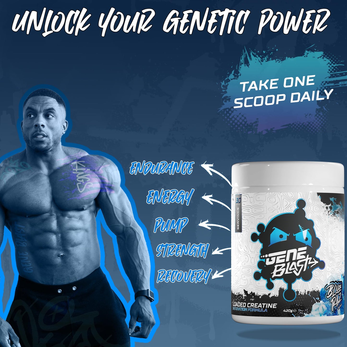 GENE BLAST Gene Blast Loaded Creatine 6g - Power, Endurance & Recovery (Blue Raz, 30 Servings)