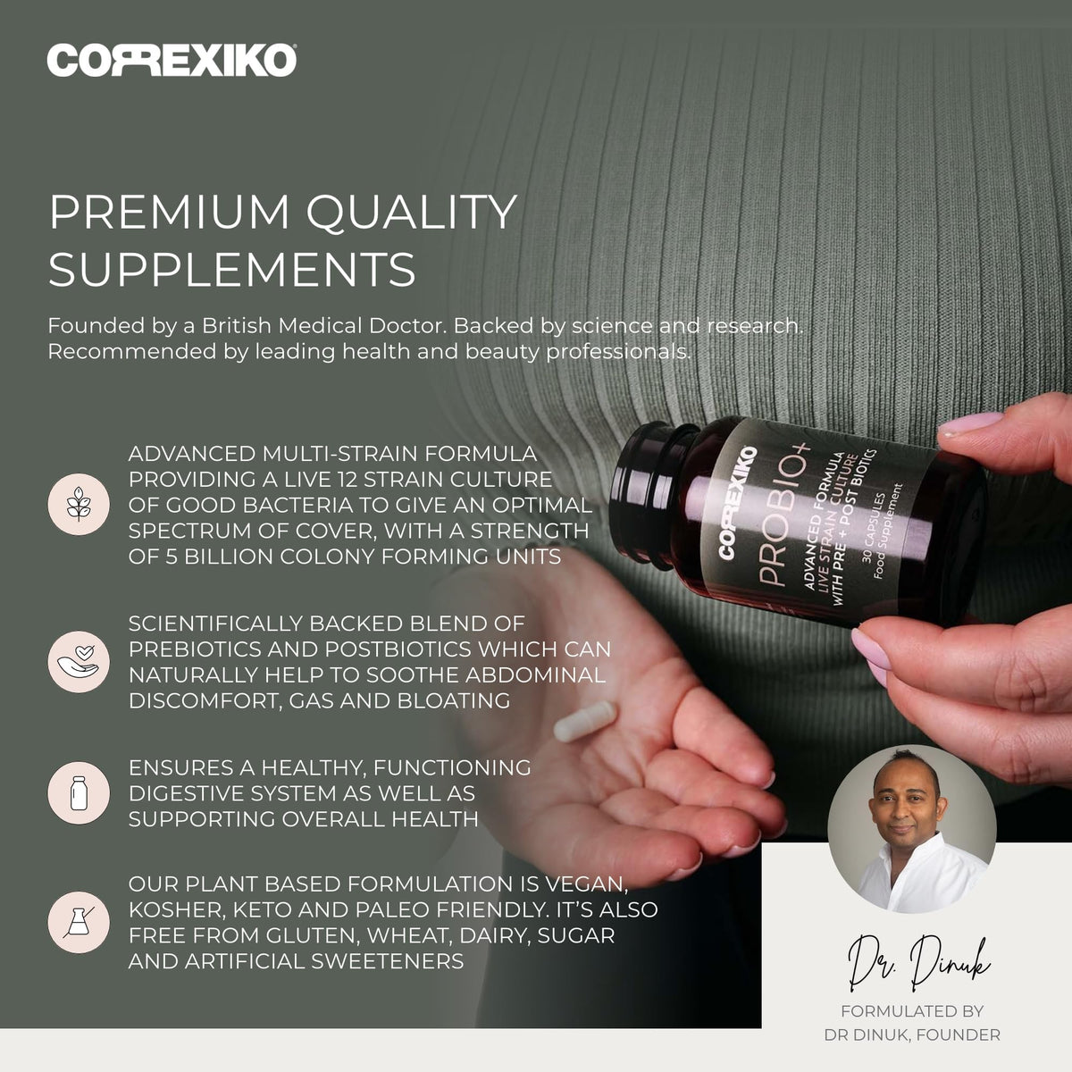 CORREXIKO Probio+ Probiotic Tablets - Advanced 12 Strain Culture - Contains Prebiotics & Postbiotics for Gut Health - Supports Digestion, Immune Health & Reduces Bloating - 30 Capsules, 1 Month Supply