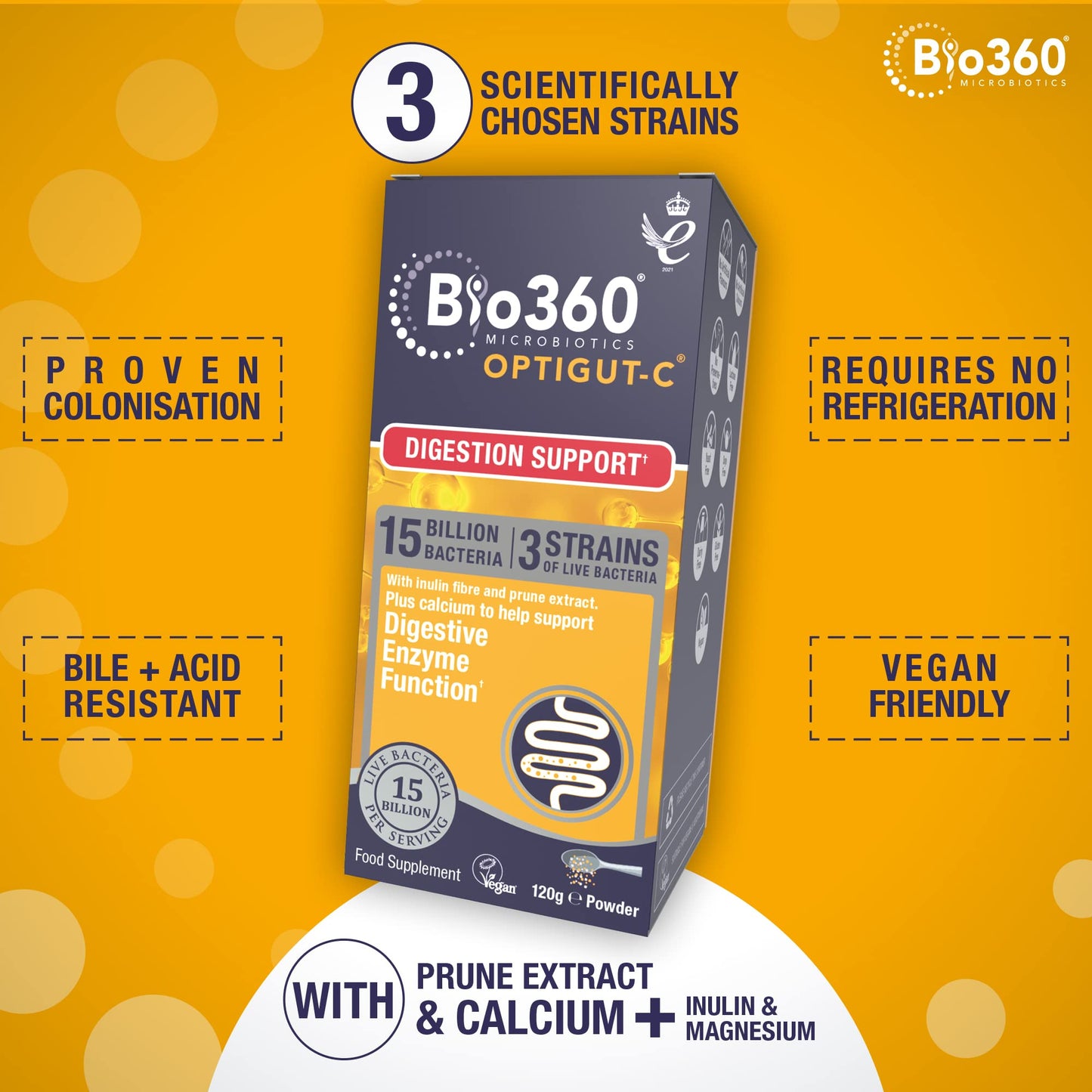 Natures Aid Bio360 OptiGUT-C Powder 120g – 15 Billion Live Bacteria Cultures – Supports Digestion, Gut Flora, Digestive Health, Immune System – High Potency, Vegan, Non-GMO, Gluten-Free Microbiotic