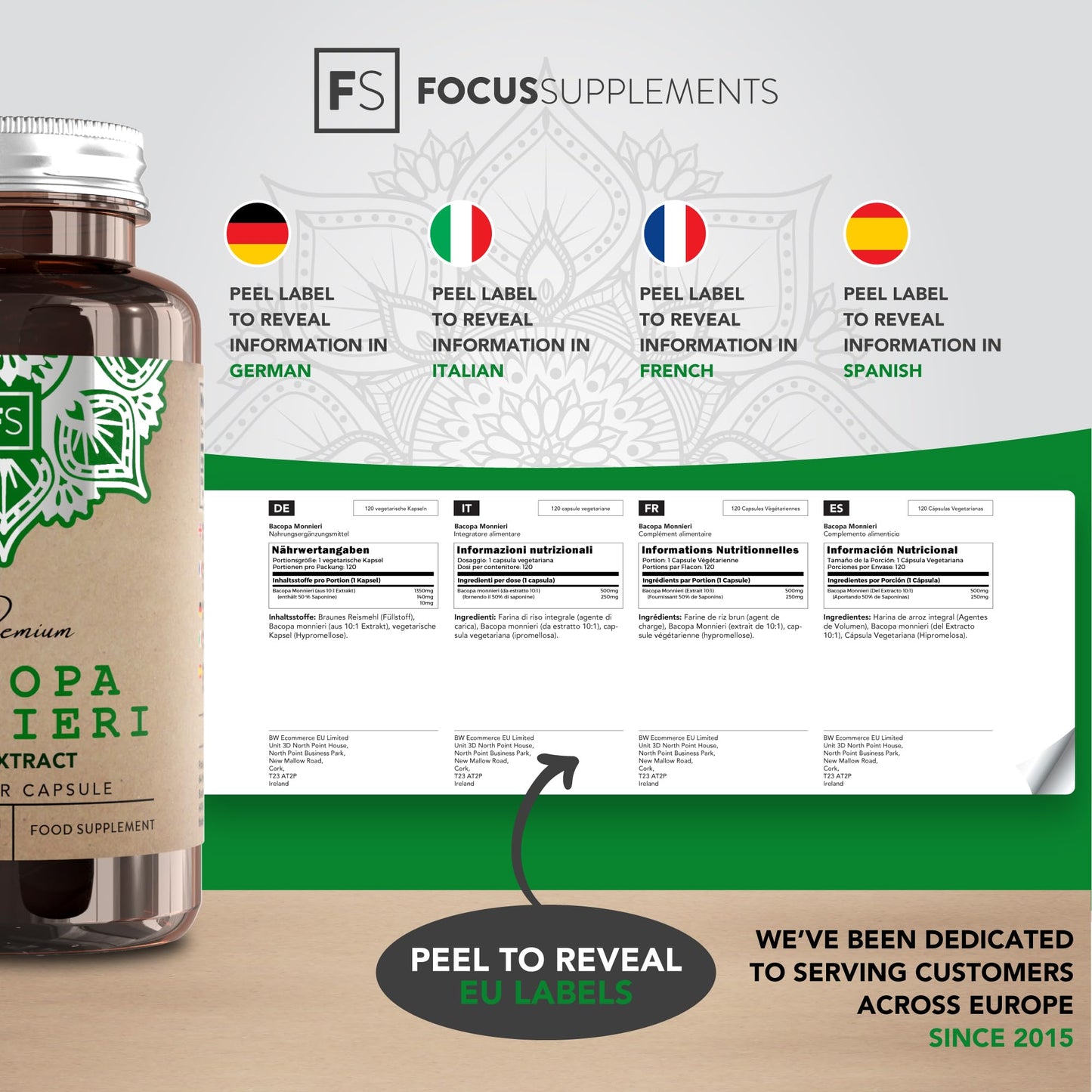 Focus FS Bacopa Monnieri | 120 Brahmi Capsules - 500mg Bacopa Per Serving | Vegan Brahmi Powder Monnieri Capsules | Non-GMO, Gluten & Allergen Free | Manufactured in The UK