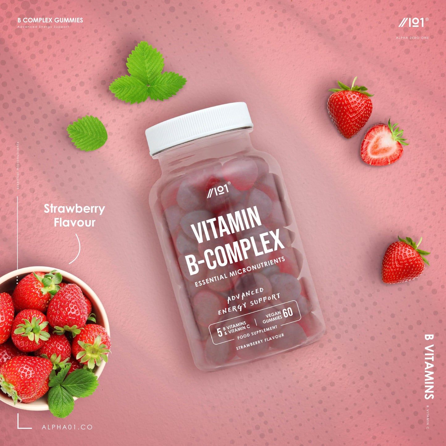 ALPHA01 Vitamin B Complex Gummies - 5 Essential B Vitamins & Vitamin C - 60 Vegan Gummies - Strawberry Flavour - By Alpha01