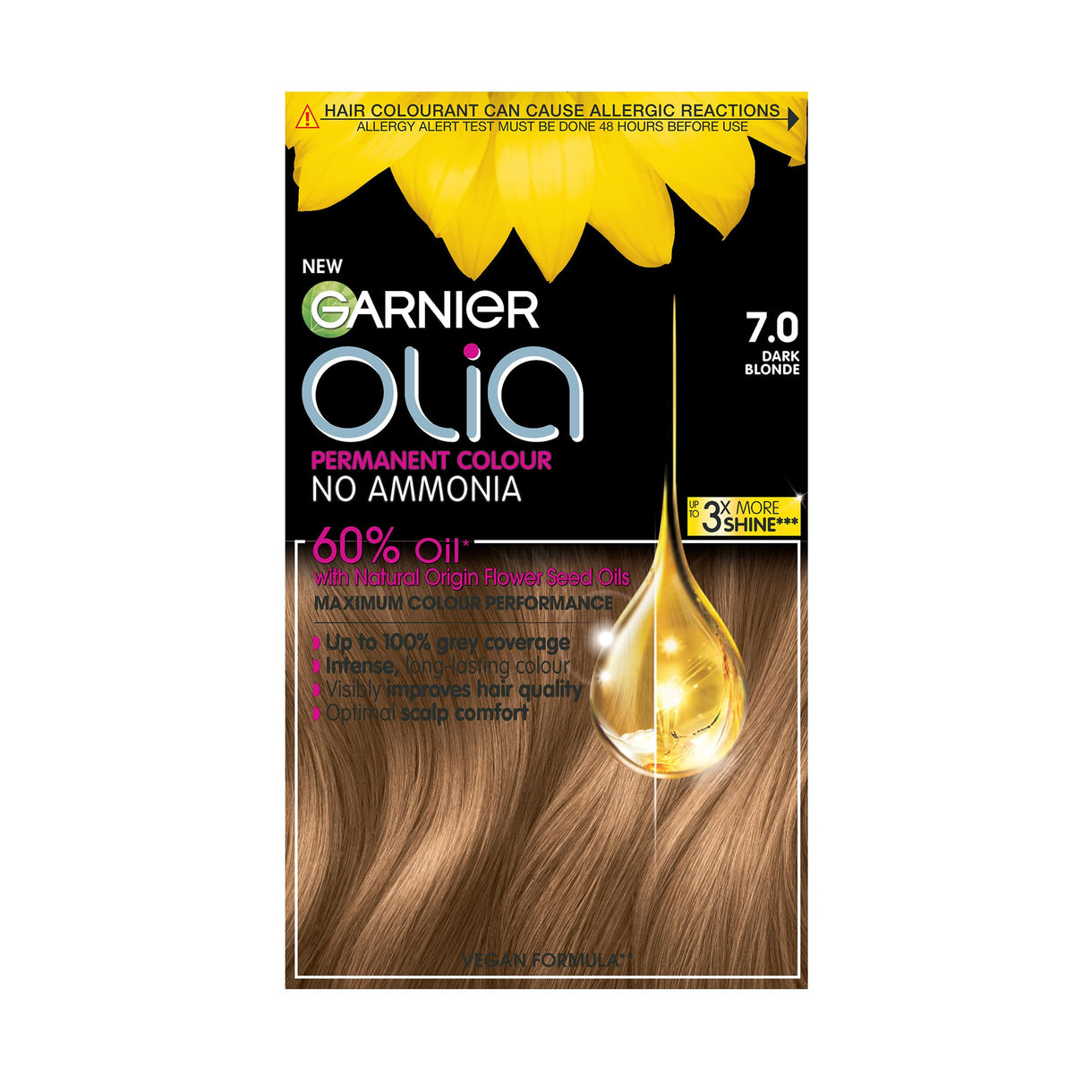 Garnier Olia 7.0 Dark Blonde, oil-powered, no-ammonia. 100% grey coverage. Luminous, long-lasting, vibrant dark blonde hair color with incredible shine and softness.