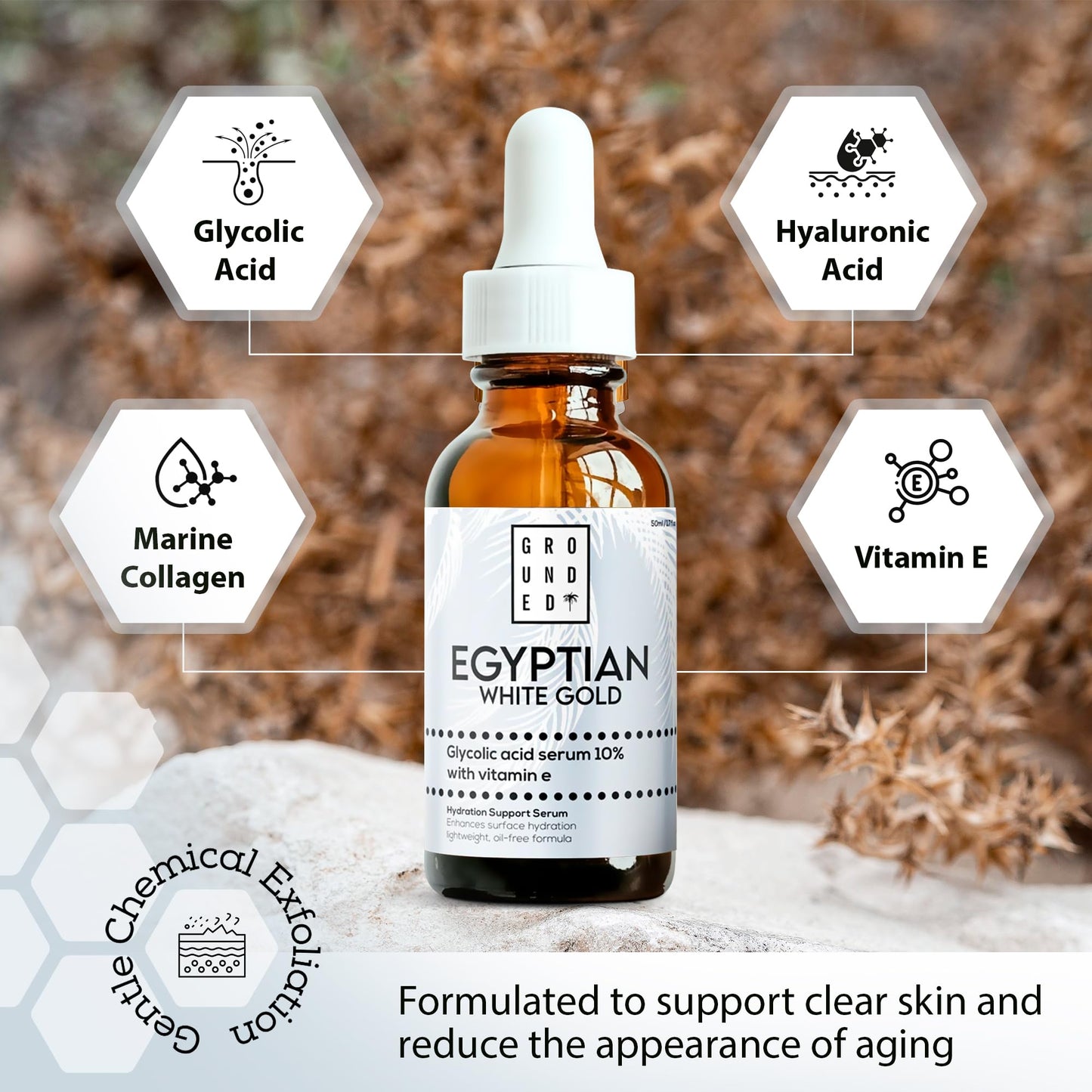 G R O U N D E D COFFEE SCRUB Egyptian White Gold Glycolic Acid Serum with Vitamin E, Anti-Aging Face Serum, Made in the UK by Grounded Body