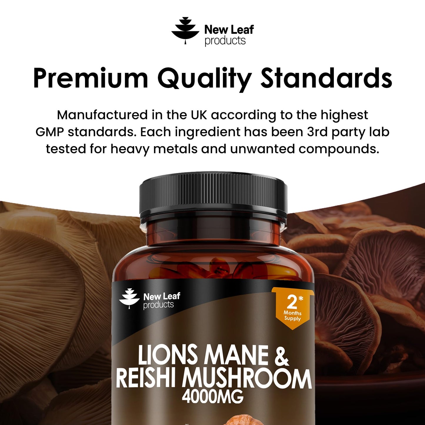 Lions Mane & Reishi Mushroom Capsules - High Strength 4000mg Lions Mane Supplement with Reishi - 120 Vegan Lions Mane Mushroom Powder + Reishi Mushroom Capsules - Made in UK by New Leaf