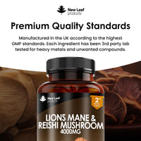 Lions Mane & Reishi Mushroom Capsules - High Strength 4000mg Lions Mane Supplement with Reishi - 120 Vegan Lions Mane Mushroom Powder + Reishi Mushroom Capsules - Made in UK by New Leaf