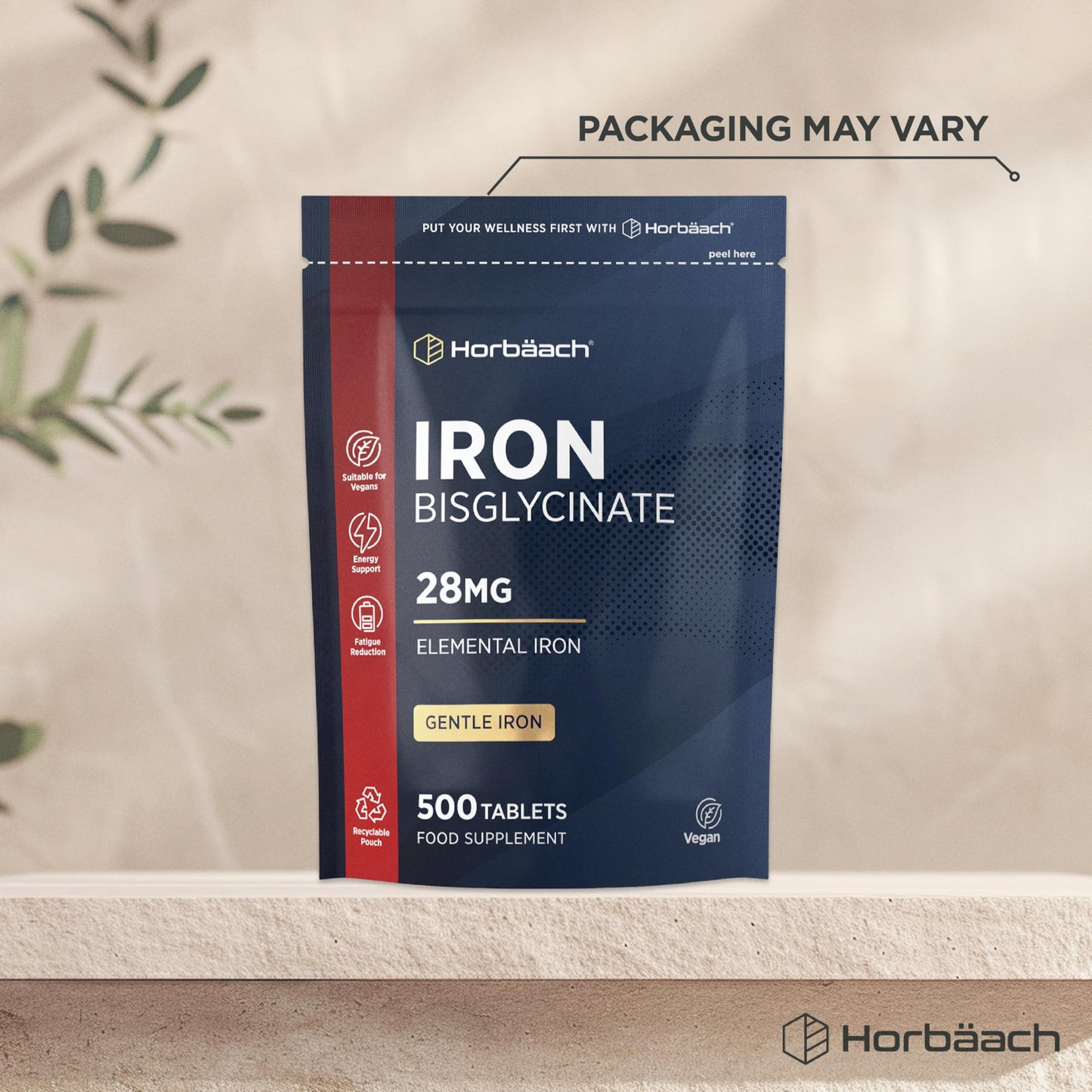 Horbäach Iron Tablets High Strength 28mg | 500 Tablets (8+ Months Supply) | Highly Bioavailable | Elemental Iron from 163mg Ferrous Bisglycinate | Vegan | Supplement for Men & Women | by Horbaach