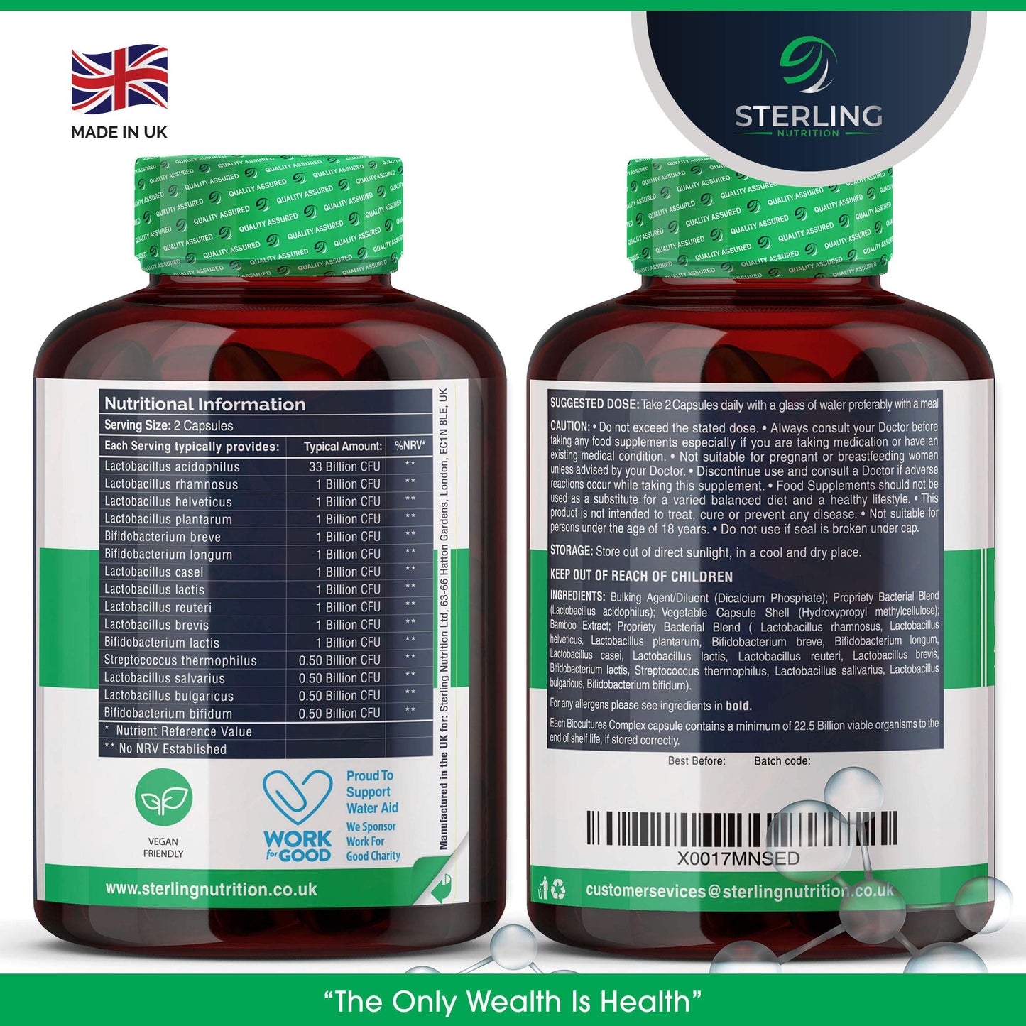 STERLING NUTRITION Bio Cultures Probiotic Complex with 45 Billion CFU with 15 Live Bacteria Strains - Digestive Enzyme Supplements - 90 Super Strength Vegan Capsules - Made in UK - by Sterling Nutrition