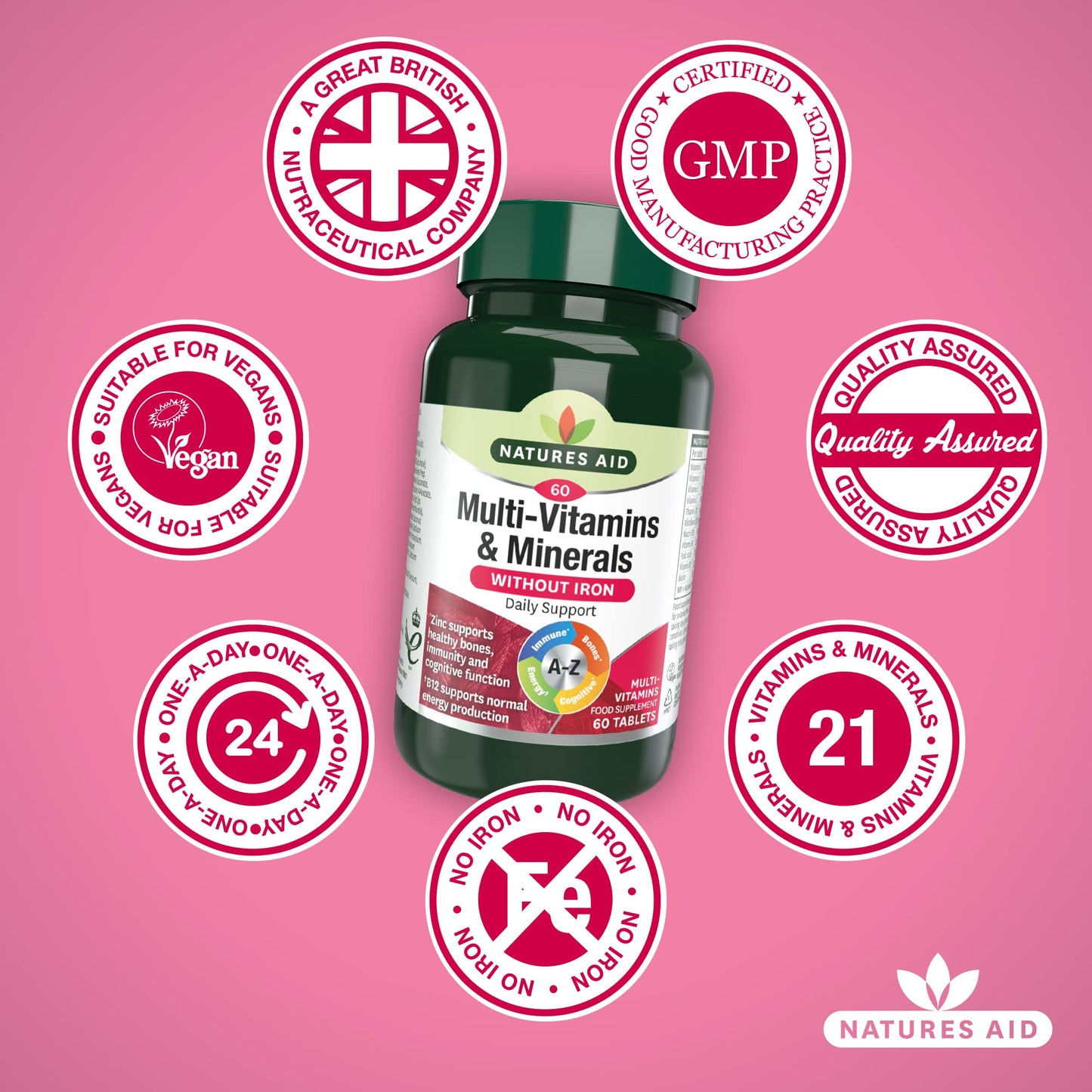 Natures Aid Multi-Vitamins and Minerals 60 Tablets (Without Iron, One-a-Day Multi-Vitamin and Mineral Formula, Supports Immune, Energy, Brain and Bone Health, Vegan Society Approved, Made in the UK)