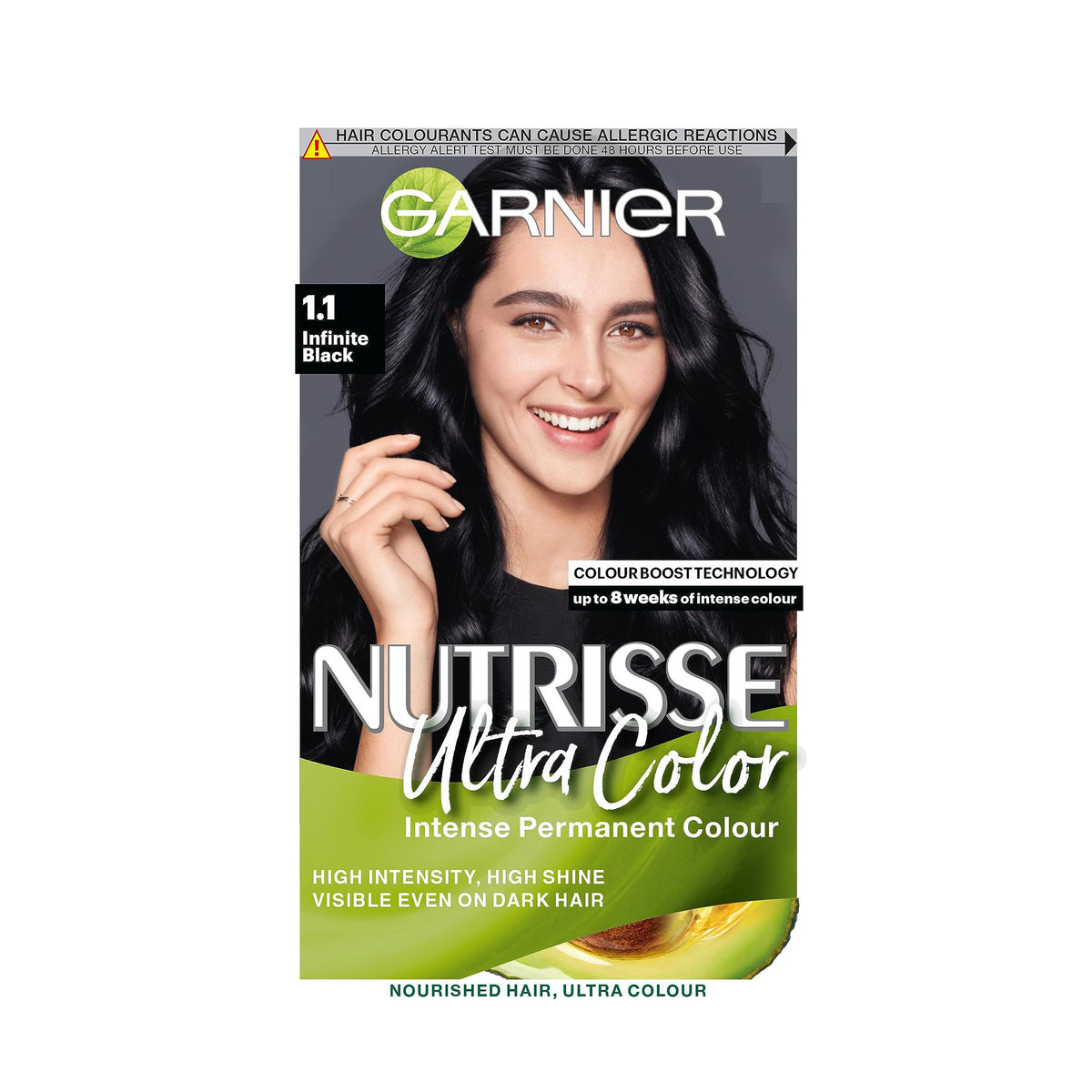 Garnier Nutrisse Ultra Color Hair Dye, Vegan, 1.10 Infinite Black. Ensures 100% grey coverage and deep, endless shine with 8-week colour. No-ammonia, vegan formula for an intense, dramatic black.