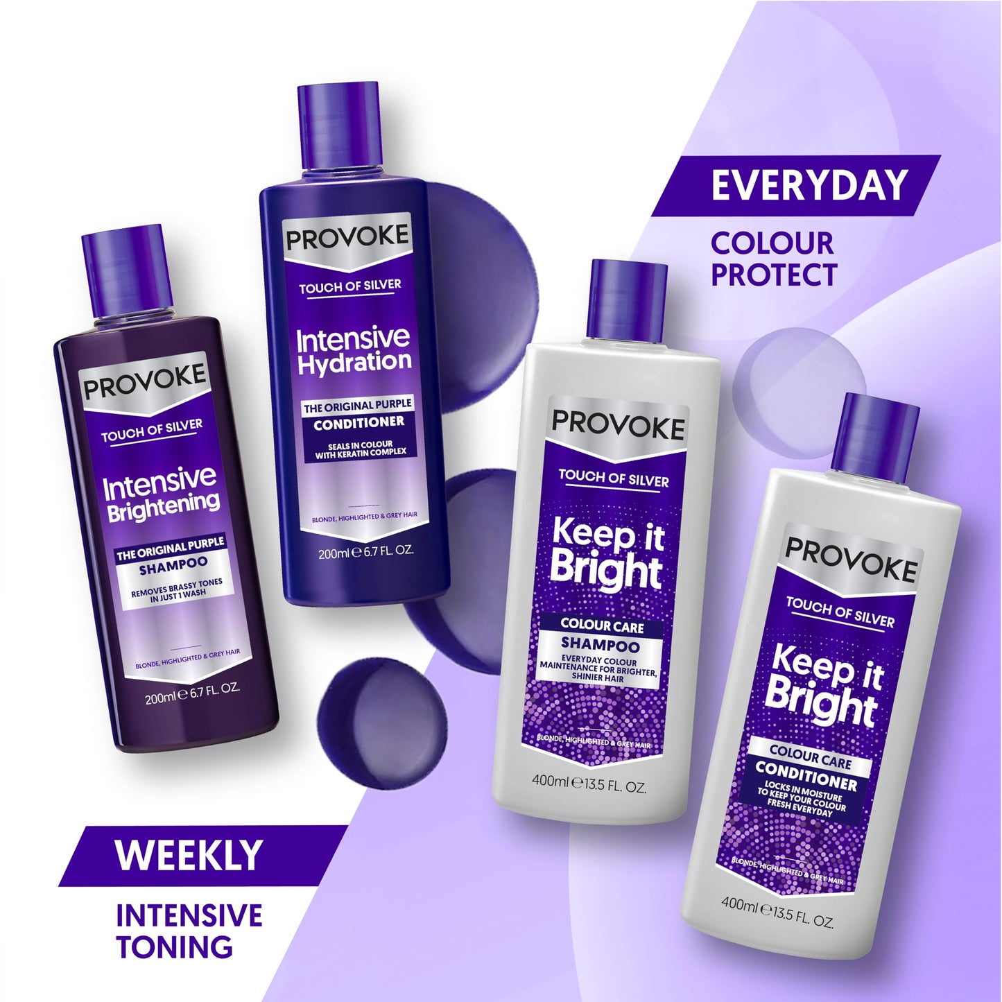 PROVOKE Touch Of Silver Brightening Purple Shampoo 200 ml, Neutralises Yellow and Orange tones, Formulated with Violet and Blue Pigments
