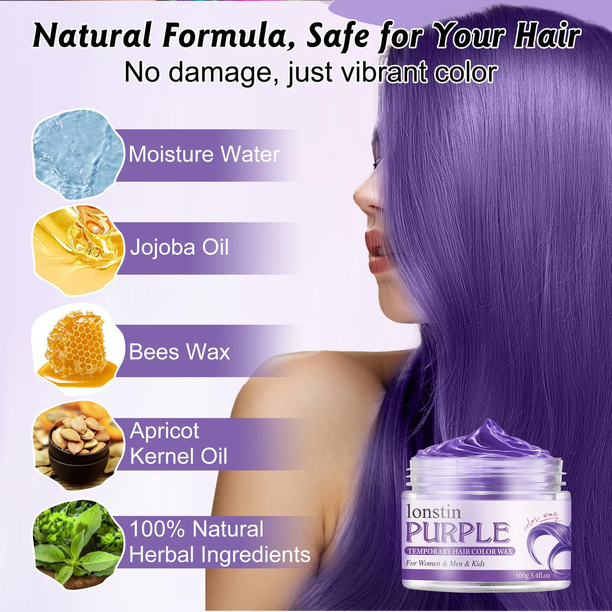 lonstin Purple Hair Colour Wax for Kids & Adults Temporary Hair Dye Wax 100g Wash Out, Non-Sticky Clay Mud Cream for Parties, Cosplay & Daily Fun