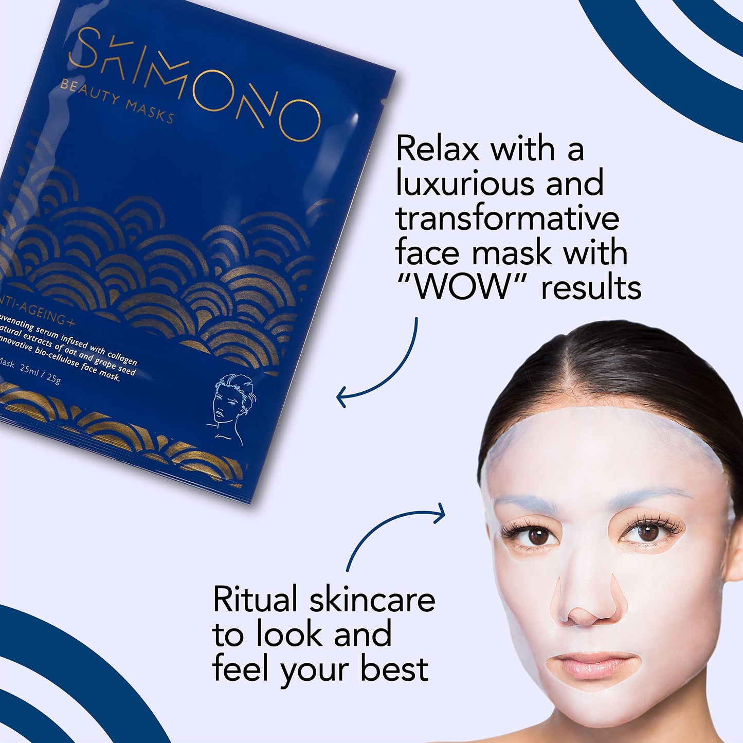 Anti-Ageing Moisturising Face Mask - Advanced Bio-Cellulose Sheet with Collagen, Oat & Grapeseed Extract - Hydrating Facial for Wrinkle Reduction, Vegan, Cruelty-Free by SKIMONO (1 Pack)