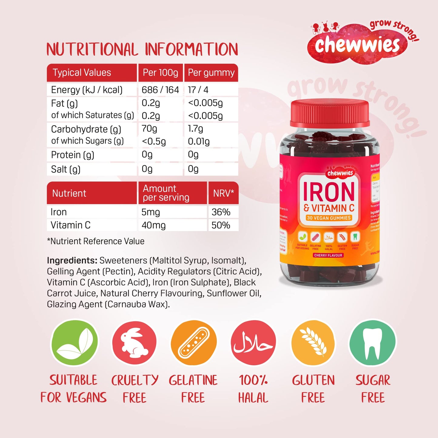 Iron & Vitamin C - Vegan Chewable Gummies - Sugar Free Ferrous Sulfate Iron | Helps Strengthen Your Immune System | 1-Month Supply by Chewwies Vitamins