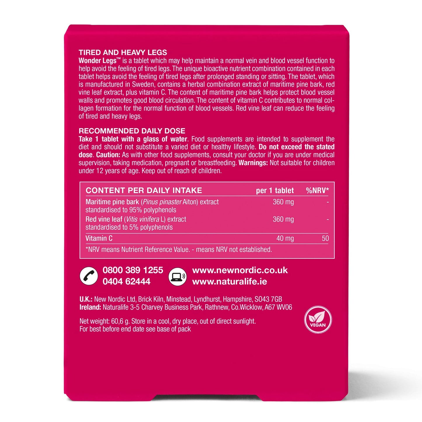 New Nordic Ltd New Nordic Wonder Legs, High-Strength Pine Bark & Red Vine Leaf Extract with Vitamin C, Supports Normal Circulation & Vein Function, 60 Vegan Tablets