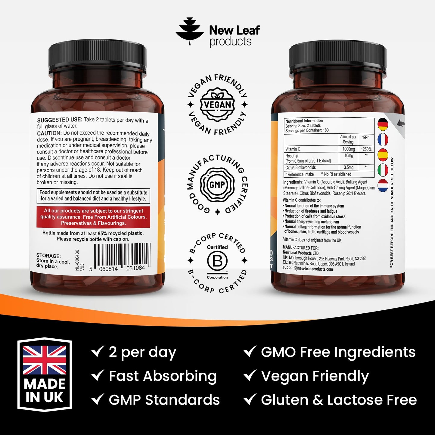 NEW LEAF PRODUCTS Vitamin C Tablets 1000mg - Enriched with Bioflavonoids & Rosehip - Premium Vitamin C Supplements - 360 Vegan Vitamin C Tablets High Strength Ascorbic Acid VIT C for Normal Immune System UK Made