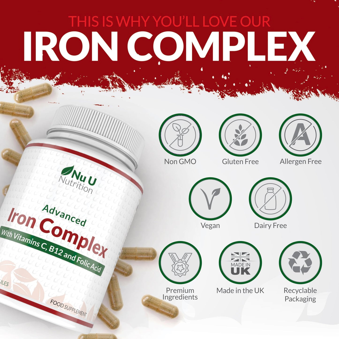 Gentle Iron Supplement for Women & Men - 180 High Strength Vegan Capsules - with Vitamin C, B12 & Folic Acid - 6 Month Supply - from Ferrous Fumarate - Made in The UK - Nu U Nutrition