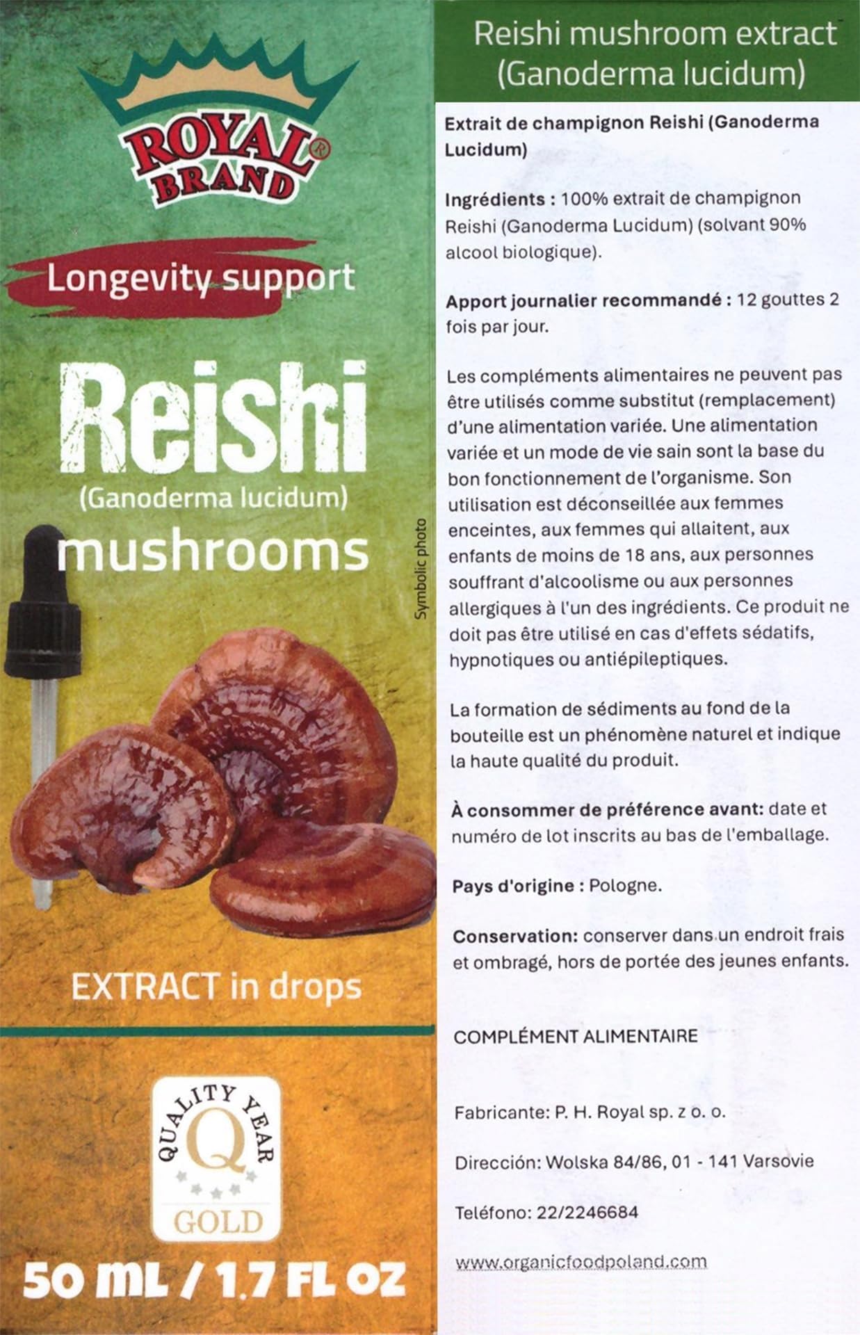 Royal Brand Reishi Mushroom Supplement/Our Reishi Mushroom Extract Promotes Longevity / Reishi Mushroom Tincture - 50ml / 1.7 Fl Oz