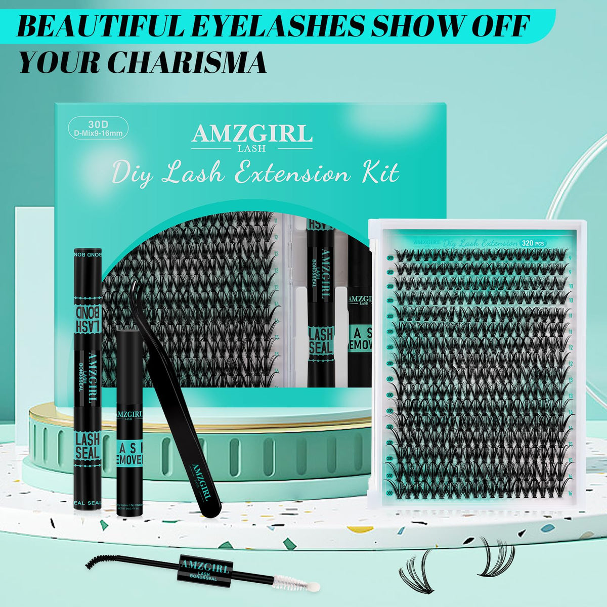 AMZGIRL LASH Lash Extension Kit 320Pcs,DIY Individual Lashes Clusters Kit,Lash Bond And Seal,Lash Remover For Eyelashes Extensions,Lash Applicator Tool For False Eyelash Cluster Kit At Home(30D,D-Mix9-16mm Kit)