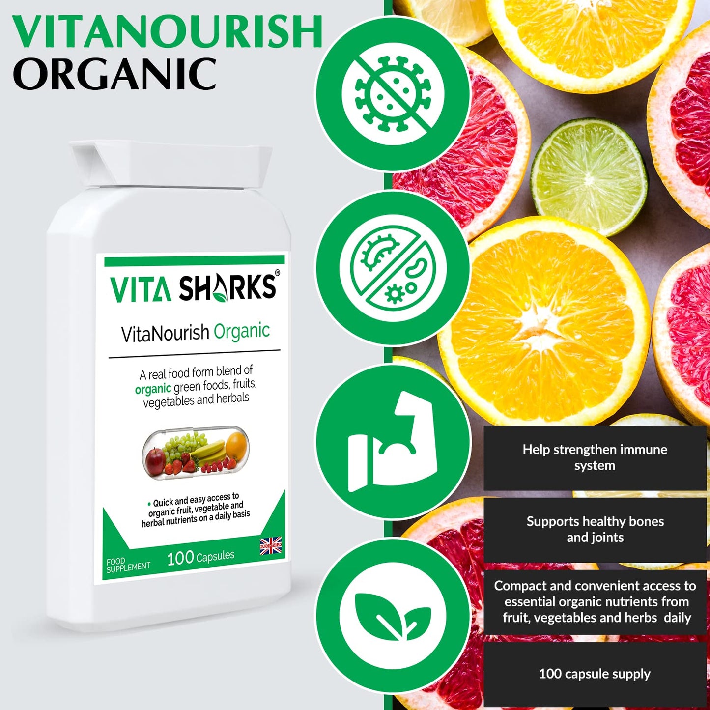 Vita Sharks VitaNourish Organic. Nutrient-Dense Potent Vegan Whole Food Supplement for Total Immunity. Essential Vitamins & Minerals from 100% Organic Kosher Fruit, Vegetable & Herbal Blend