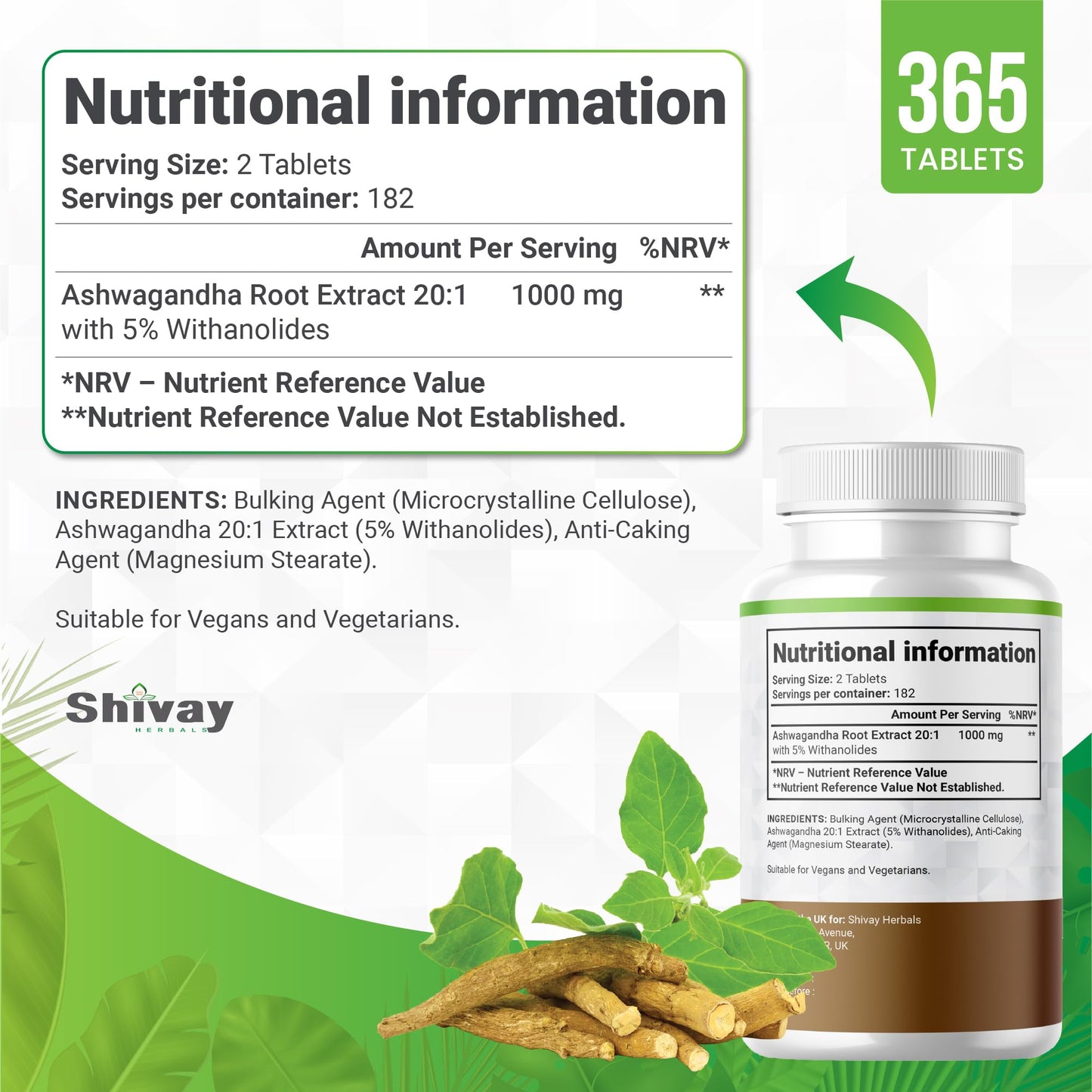 Ashwagandha 2000mg per Serving | 365 Vegan Tablets - 6 Month Supply | Pure High Strength Ashwagandha Root Extract Supplement by Shivay Herbals