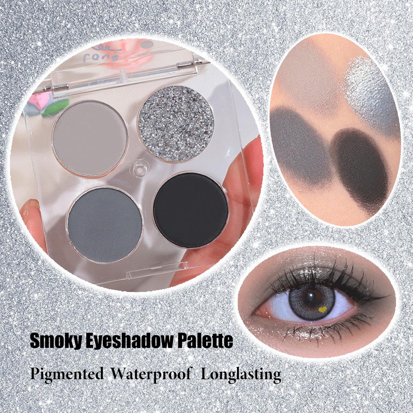 LYNTYAOU Black Gray Silver Smoky Eyeshadow Palettes Set, Goth Eye Shadow Shimmer Mate Palette, Cool Make-Up Palettes for Women Glitter Make up Set, Festival Eyeshadows 4 Colour Pigmented with Brush