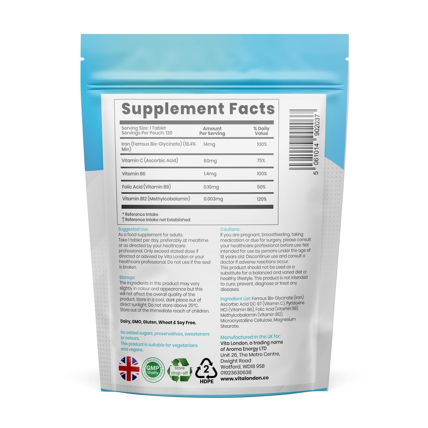 VL Vita London Iron Tablets | Gentle Iron Supplements for Women & Men | 360 Gentle Iron 14mg Tablets High Strength | Added Vitamin C, B12, B6 + Folic Acid | UK Made, Vegan