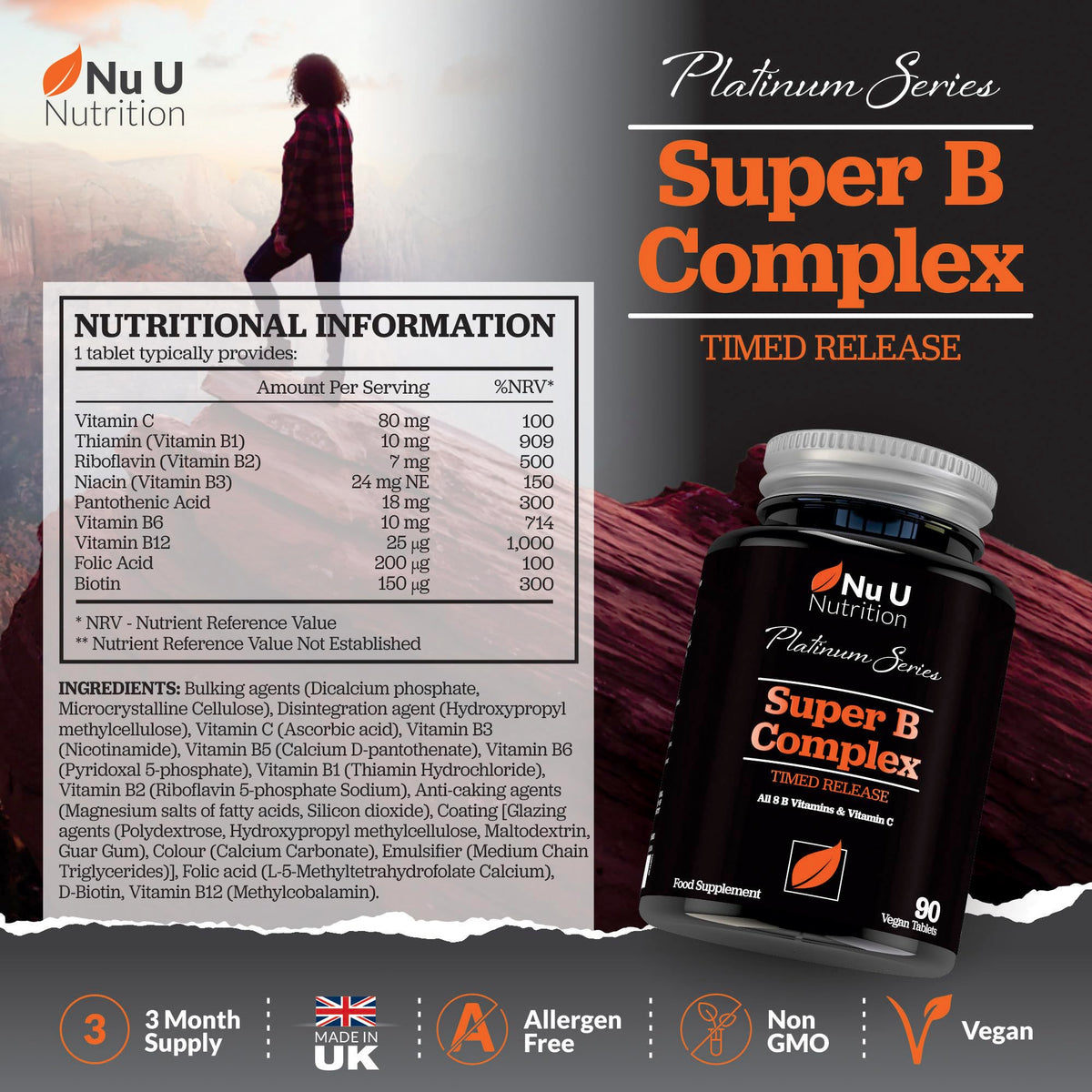 Super Vitamin B Complex - High Absorption Methylated B Vitamins with VIT C - 90 Timed Release Vegan Tablets - 3 Month Supply - B1, B2, B3, B5, B6, B8, B9 & B12 - Made in The UK - Nu U Nutrition