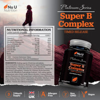 Super Vitamin B Complex - High Absorption Methylated B Vitamins with VIT C - 90 Timed Release Vegan Tablets - 3 Month Supply - B1, B2, B3, B5, B6, B8, B9 & B12 - Made in The UK - Nu U Nutrition