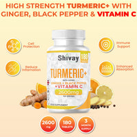 Turmeric Tablets 2600mg with Black Pepper & Ginger Boosted with Vitamin C | 180 High Strength Curcumin Supplements - 3 Month Supply Vegan Active Curcumin Made in The UK by Shivay Herbals