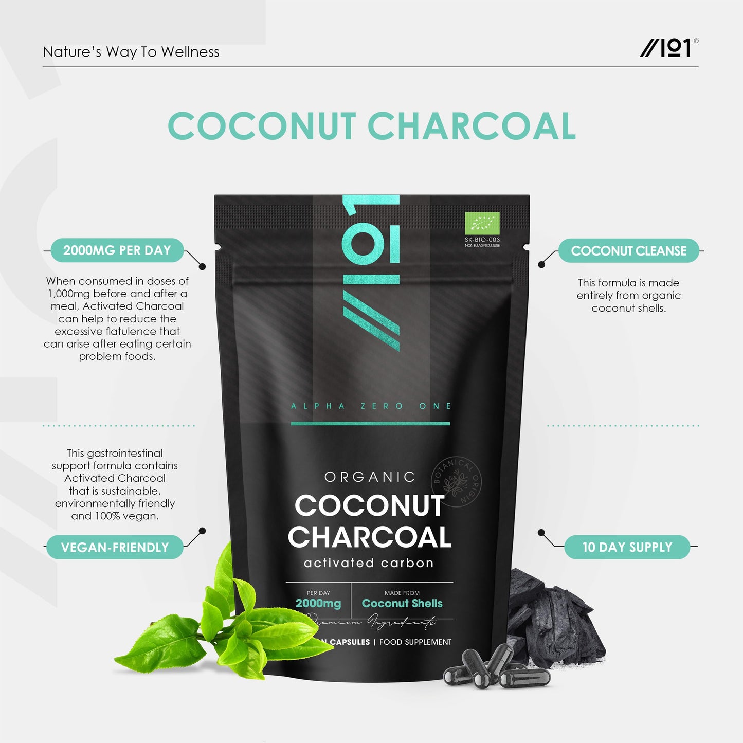 ALPHA01 Organic Activated Coconut Charcoal 2000mg - 60 Capsules - from Thai Coconut Shells - Bloating & Gas, Digestion & Flatulence Natural Relief – Resealable and Recyclable Pouch by Alpha01