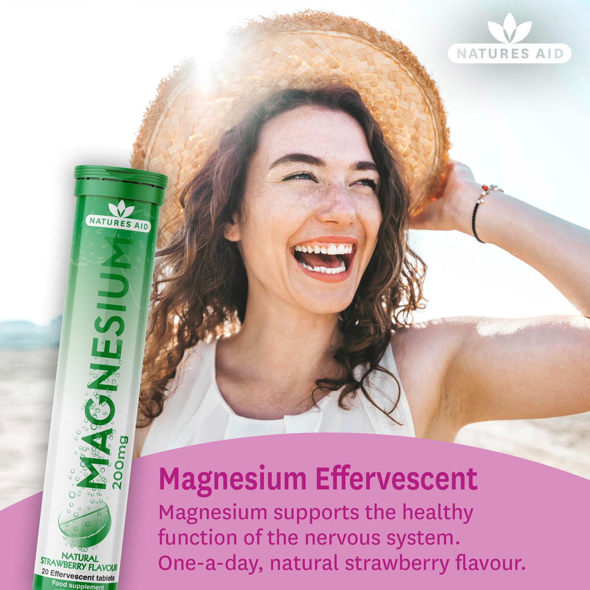 Natures Aid Magnesium Effervescent 20 Tablets – Strawberry Flavour – Supports Muscle, Nerve & Bone Health – High Absorption – Vegan, Non-GMO, Gluten-Free – Essential Daily Supplement