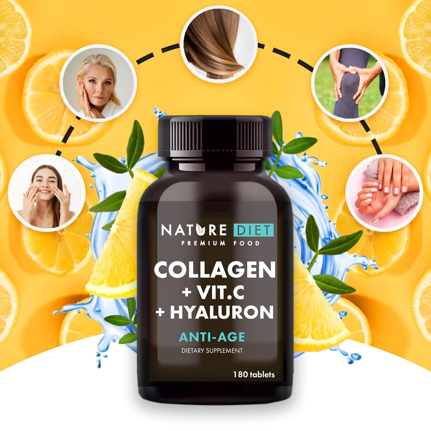 Nature Diet - Collagen with Hyaluronic Acid and Vitamin C, 180 Tablets, 500 mg , Anti Ageing , Hydrolyzed Collagen