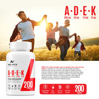 ADEK Vitamin A D3 2000IU K2 (MK-7) 75mcg UK Made & Vegetarian Supplement for Strong Bones, Teeth, Skin, Nails Immune System Antioxidant 200 Tablets