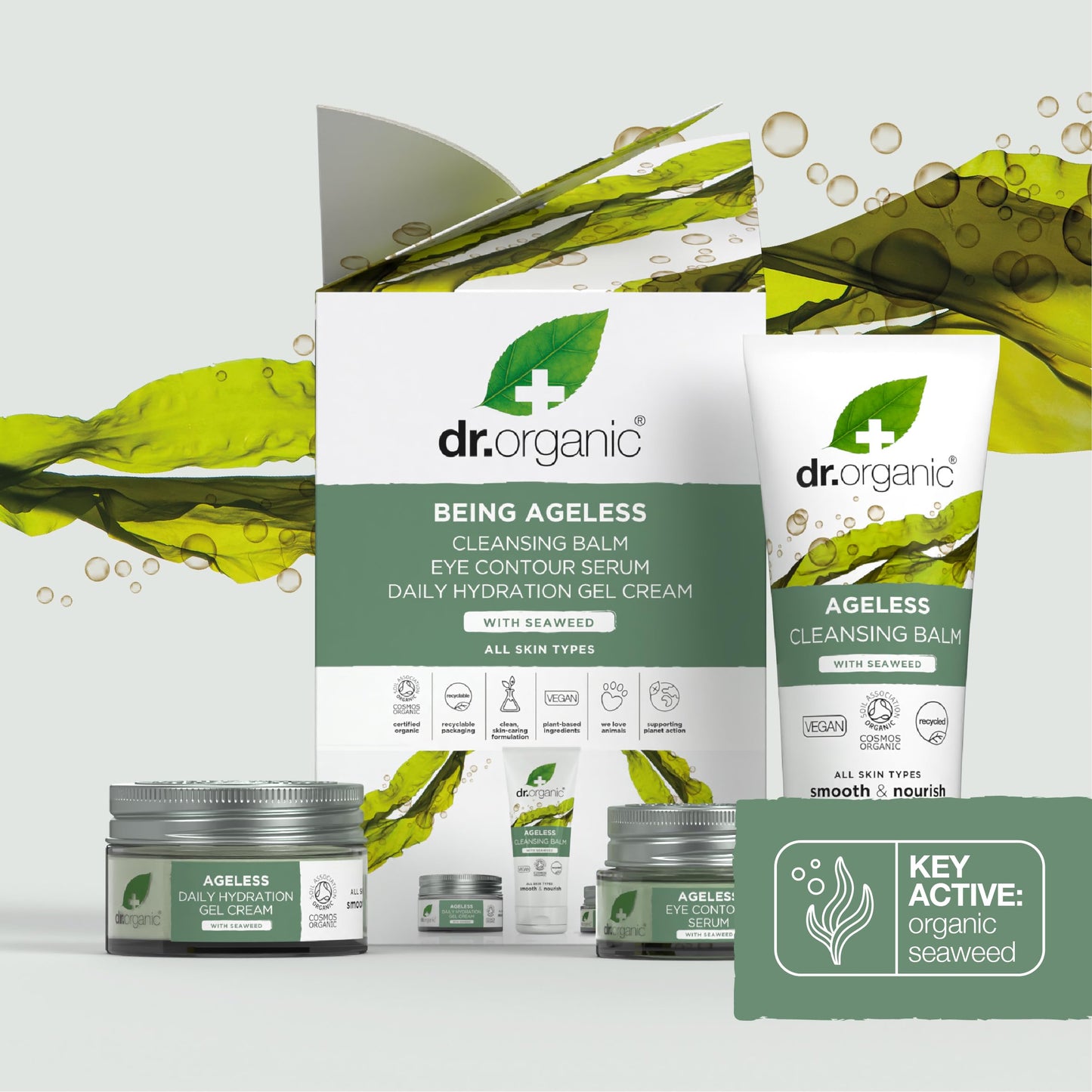 DR ORGANIC Dr Organic Ageless Skincare Set with Organic Seaweed Cleansing Balm, Face Cream & Eye Serum, Moisturising, Fine Lines, Wrinkles, Gift Set, Vegan, Cruelty-Free, Paraben & SLS-Free, Certified Organic