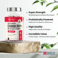 Cranberry Capsules 35,000mg High Strength - with Probiotics/Bio Cultures and Vitamin C - 150 Capsules - Advanced Cranberry Extract Supplement - Made in UK by VitaBright