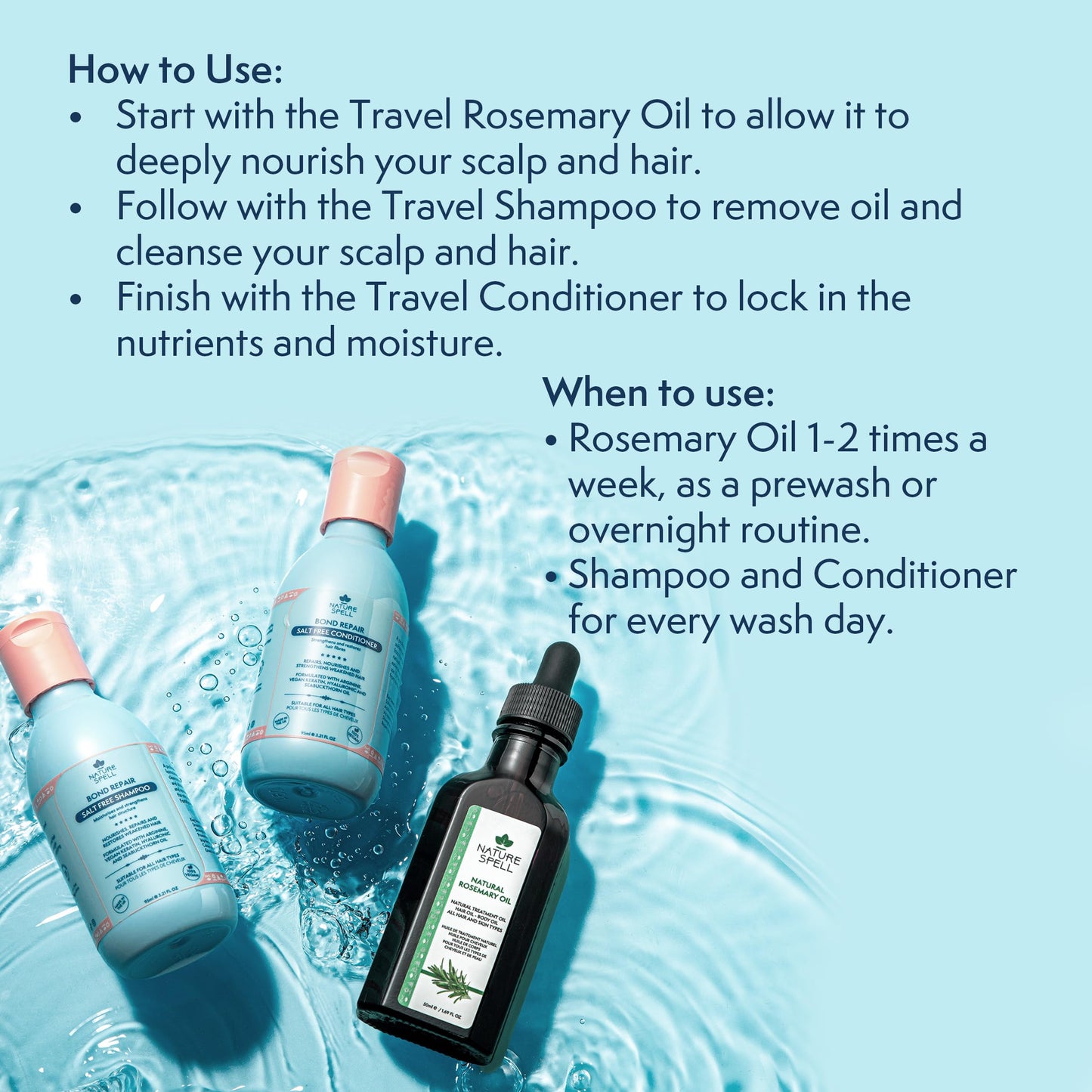 Nature Spell Bond Repair Travel Set, Includes Rosemary Oil, Shampoo & Conditioner, Protecting & Repairing, Vegan, Set of 3