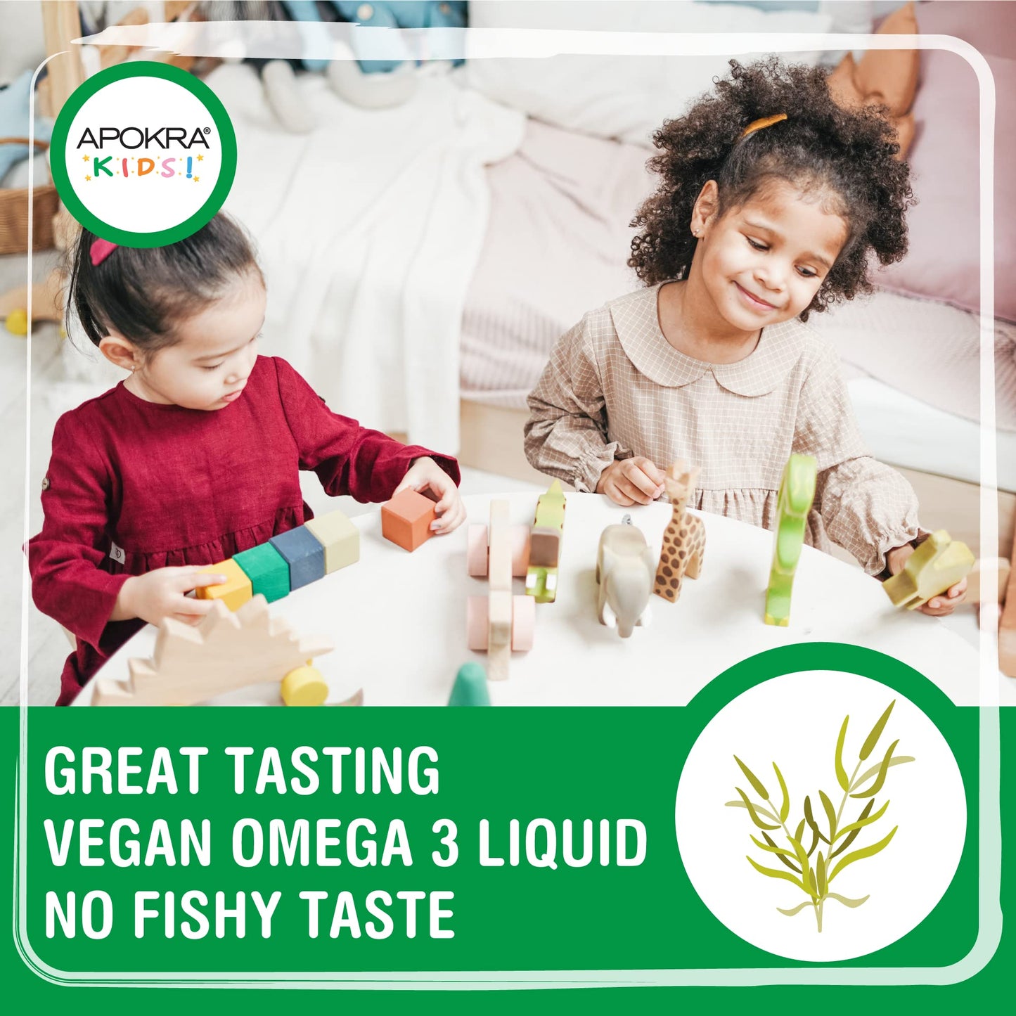 Omega 3 Vegan DHA Drops for Kids - 50mL - No Fishy Taste - Preservative Free and Sugar Free. Sustainable Algal Alternative to Fish Oil | APOKRA Kids