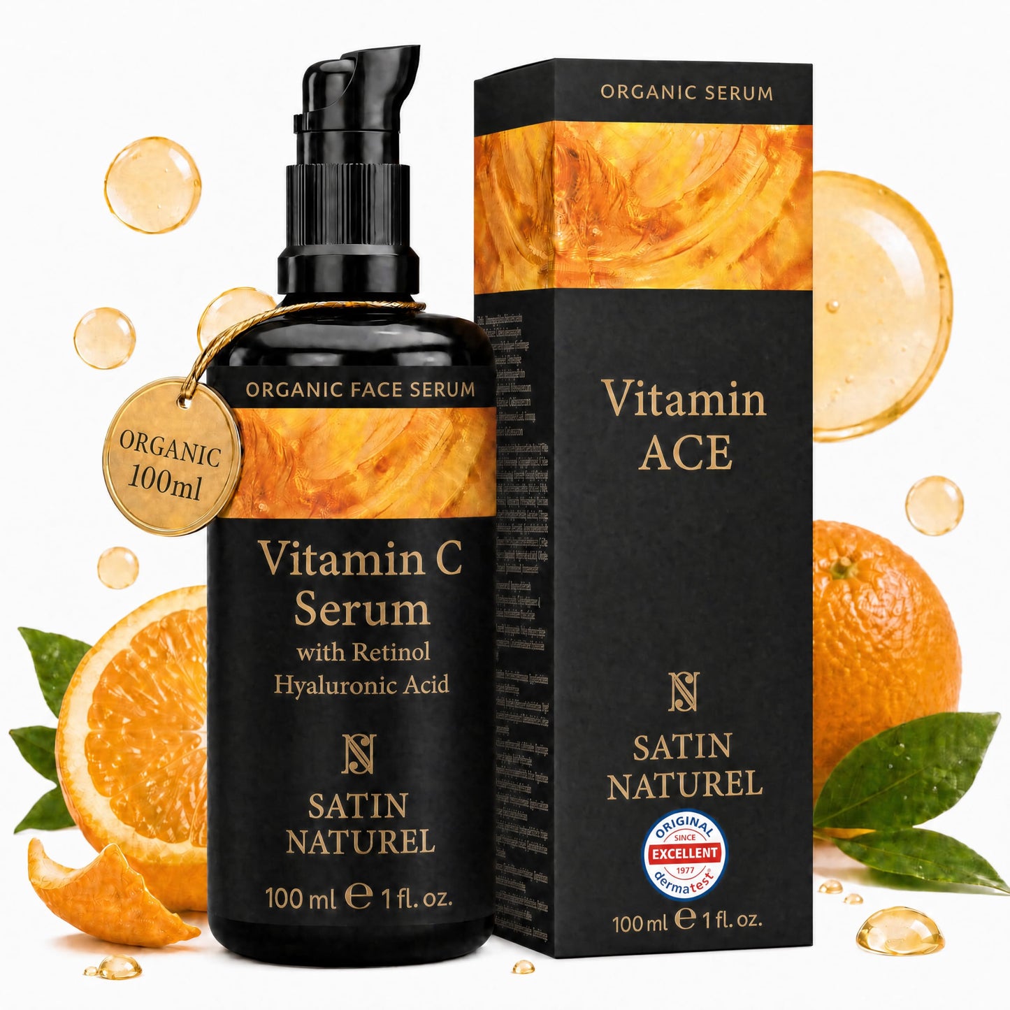 Satin Naturel Vitamin C Serum 100 ml – Anti-Age Face Serum with Retinol, Hyaluronic Acid & Organic Aloe Vera – For Dark Spots & Wrinkles – For Radiant Skin – Vegan & Natural Cosmetics