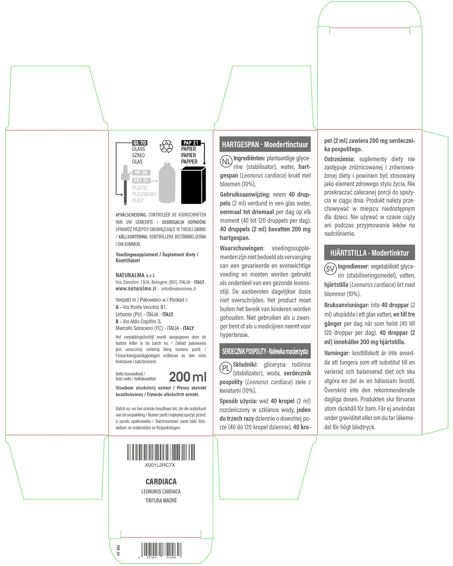 Motherwort (Leonurus cardiaca) herb with Flowers Alcohol-Free Mother Tincture Naturalma - Liquid Extract Drops 200 ml - Food Supplement - Vegan
