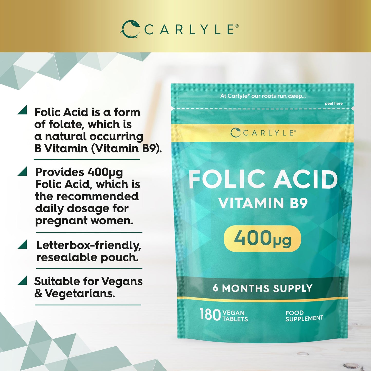 Folic Acid Tablets 400ug | 180 Count (6 Months Supply) | High Strength Vitamin B9 Supplement | Suitable for Vegetarians and Vegans | No Artificial Preservatives | by Carlyle