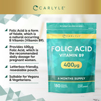Folic Acid Tablets 400ug | 180 Count (6 Months Supply) | High Strength Vitamin B9 Supplement | Suitable for Vegetarians and Vegans | No Artificial Preservatives | by Carlyle