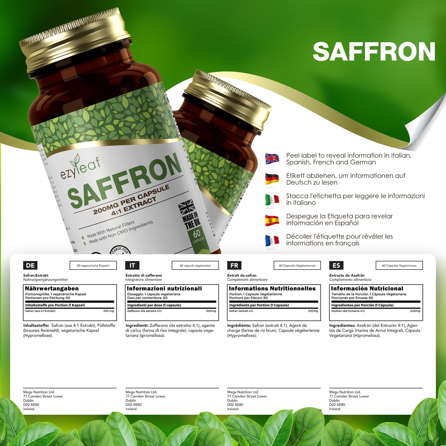 Ezyleaf Nutrition EZ Saffron Extract Supplement | 60 High Strength Saffron Capsules - 200mg (from 4:1 Extract) Safron Herb Extract per Serving | Non-GMO, Gluten & Allergen Free | Manufactured in The UK