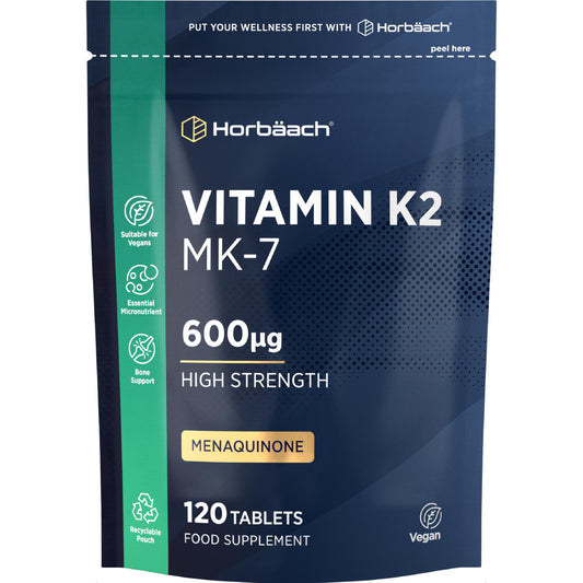 Horbäach Vitamin K2 MK7 High Strength 600mcg | 120 Tablets (Not Capsules) | Vitamin K2 Menaquinone MK-7 Supplement | Bioavailable Formula for Men & Women | Suitable for Vegans | By Horbaach