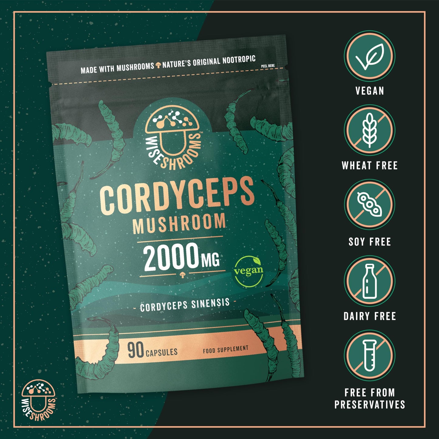 Cordyceps Capsules 2000mg | Cordyceps Mushroom Extract Supplement | 90 Capsules | Suitable for Vegetarians and Vegans | by Wiseshrooms
