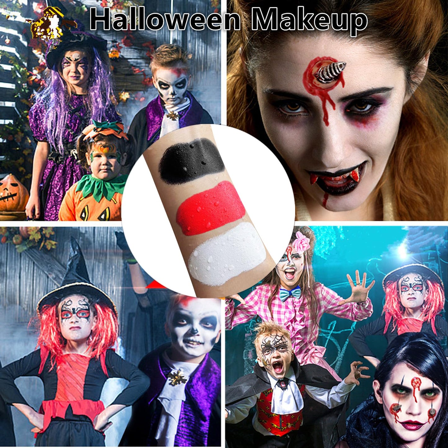 Go Ho White Black Red Colors 3 In 1 Body Paint Set,3 Colors Face Paint Wheel for Special Effects,Zombie Vampire Skeleton Halloween Costume Clown Makeup Body Paint