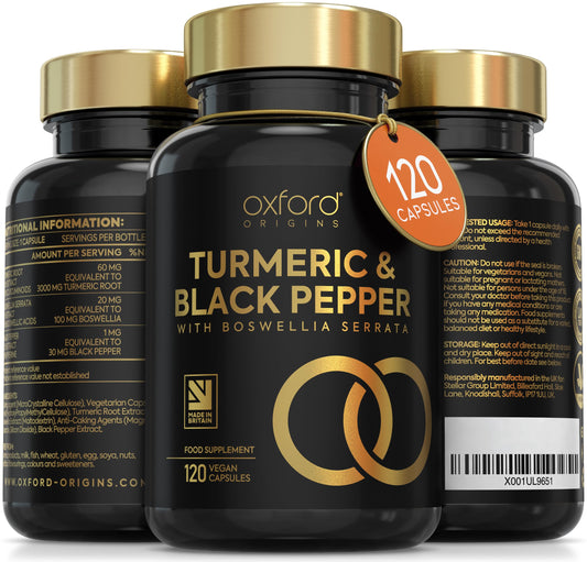 Advanced Turmeric Capsules High Strength 3000mg, Boswellia & Black Pepper | ONE per Day | Turmeric and Black Pepper Capsules Locally Made in UK, Turmeric Powder Joint Care Supplements (120 Capsules)