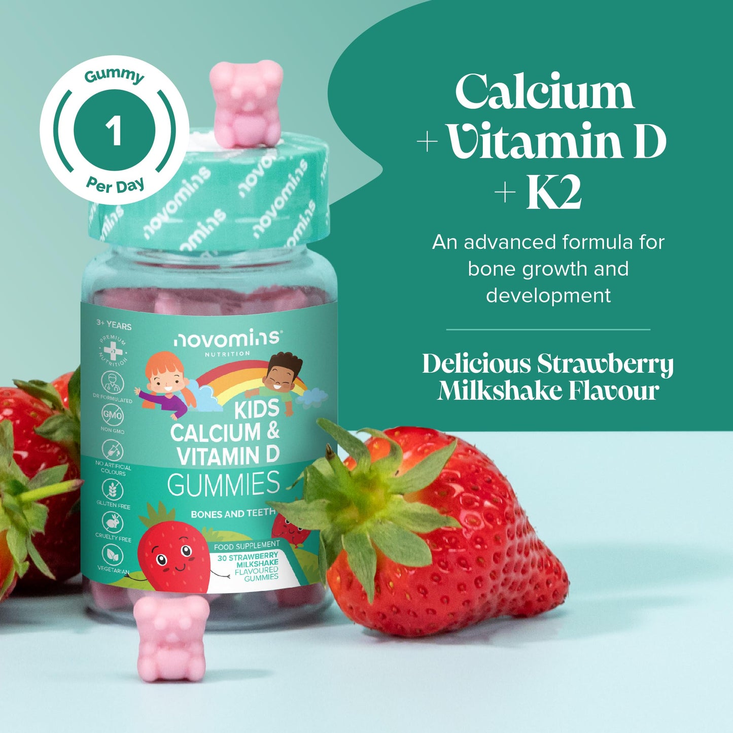 novomins Kids Calcium Gummies - 160mg of Calcium Supplement - with Vitamin D3 K2 - Healthy Bones & Teeth - Alternative to Calcium Tablets - Vegetarian & Gluten-Free - 30 Calcium Gummies for Kids - Novomins