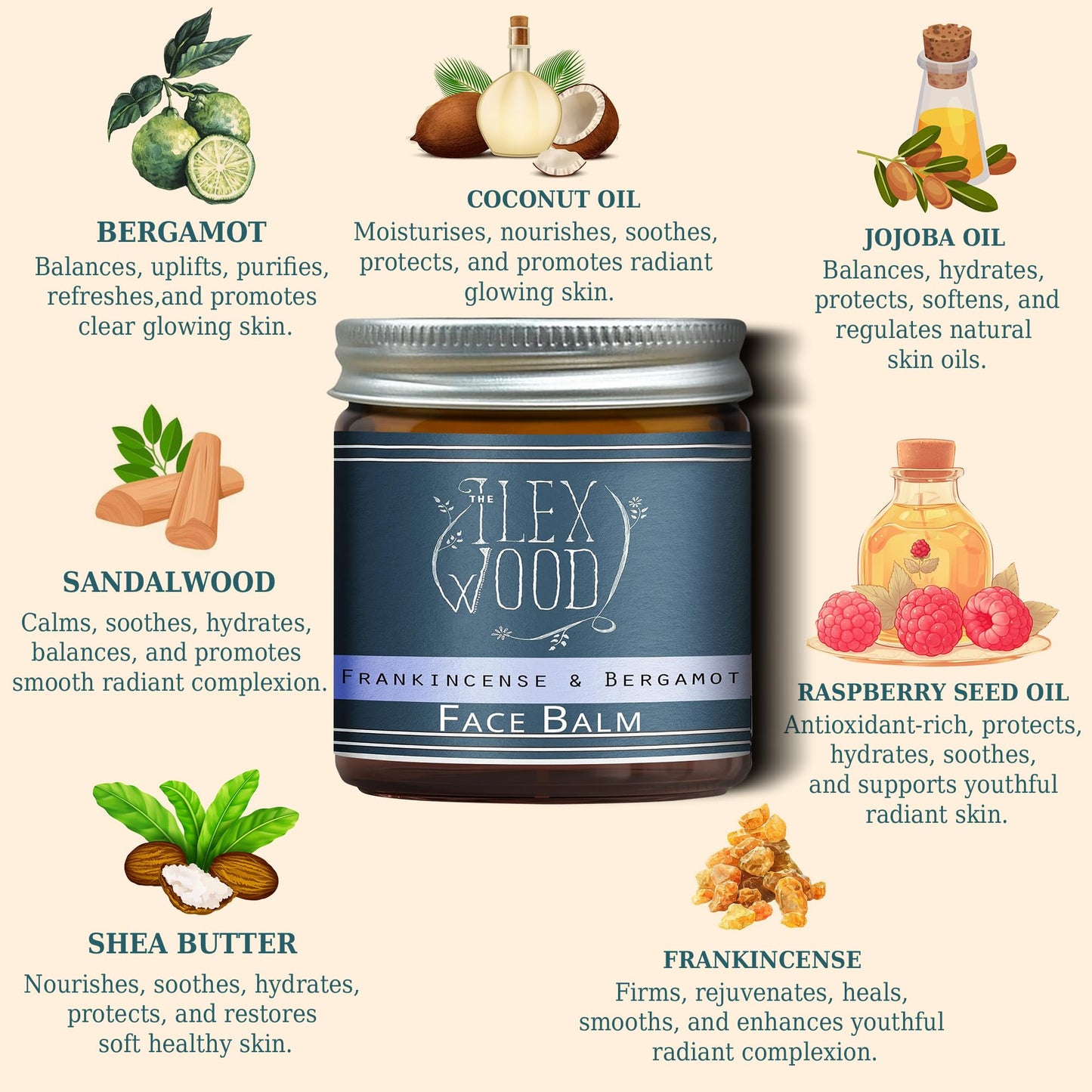 The Ilex Wood - Frankincense and Bergamot Face Balm - 100% Natural, Handmade, Vegan, Moisturising, Anti Ageing, Wrinkle and Line Reducing Ingredients, Cruelty & Plastic Free, Palm Oil Free. 60ml