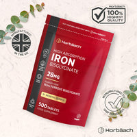 Horbäach Iron Tablets High Strength 28mg | 500 Tablets (8+ Months Supply) | Highly Bioavailable | Elemental Iron from 163mg Ferrous Bisglycinate | Vegan | Supplement for Men & Women | by Horbaach