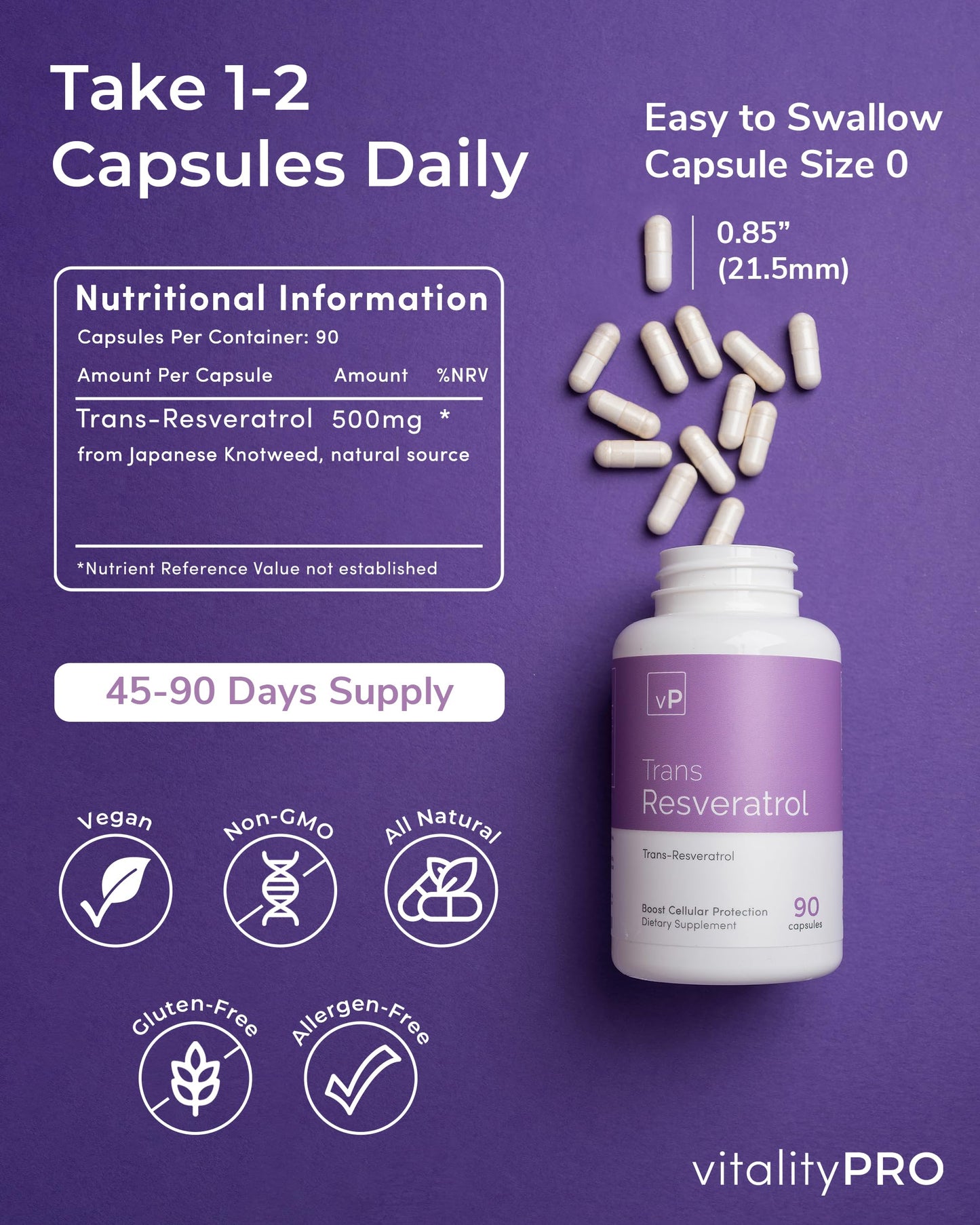 vP Vitality Pro Trans Resveratrol Supplements, 90 Capsules - 500 milligrams Pure Trans Resveratrol Powder for Vitality & Immunity Support - Vegan Dietary Supplements